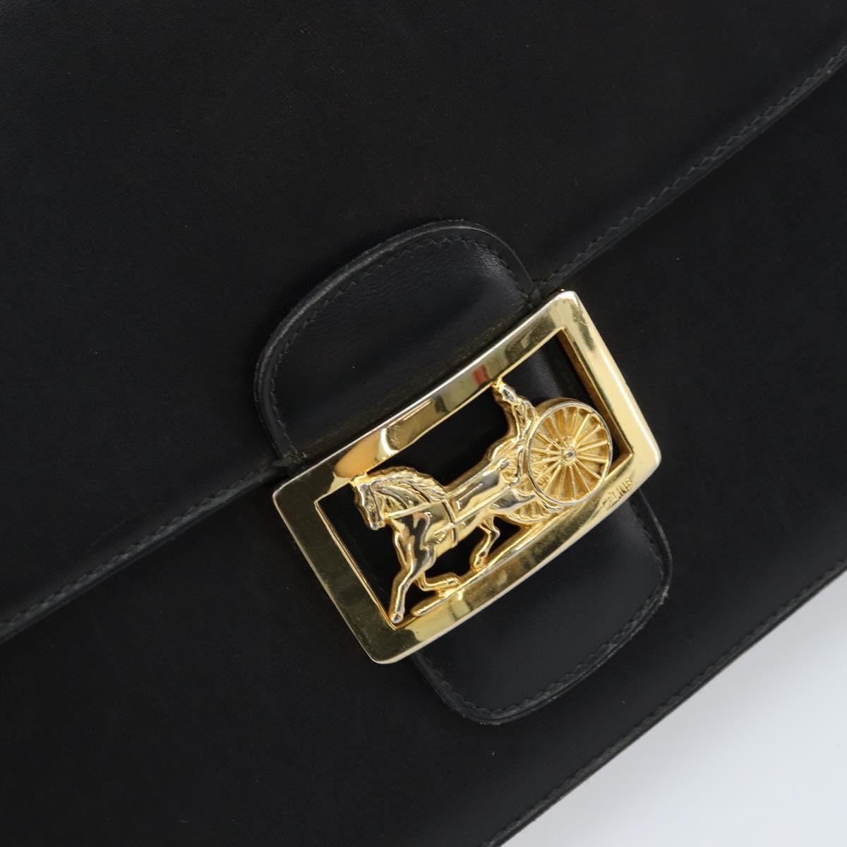 CELINE Horse Carriage Shoulder Bag Leather Black Gold Auth ARZ121