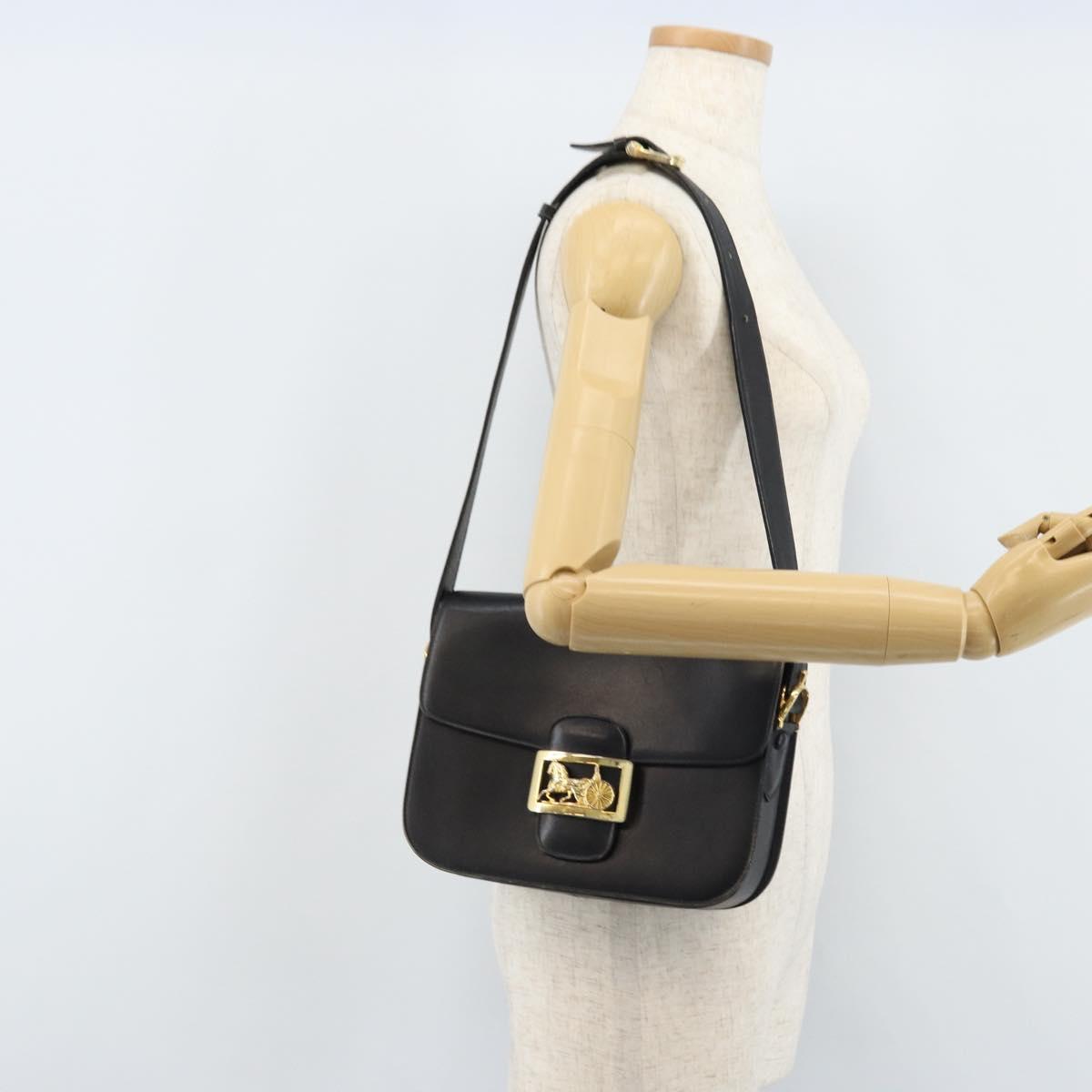 CELINE Horse Carriage Shoulder Bag Leather Black Gold Auth ARZ121