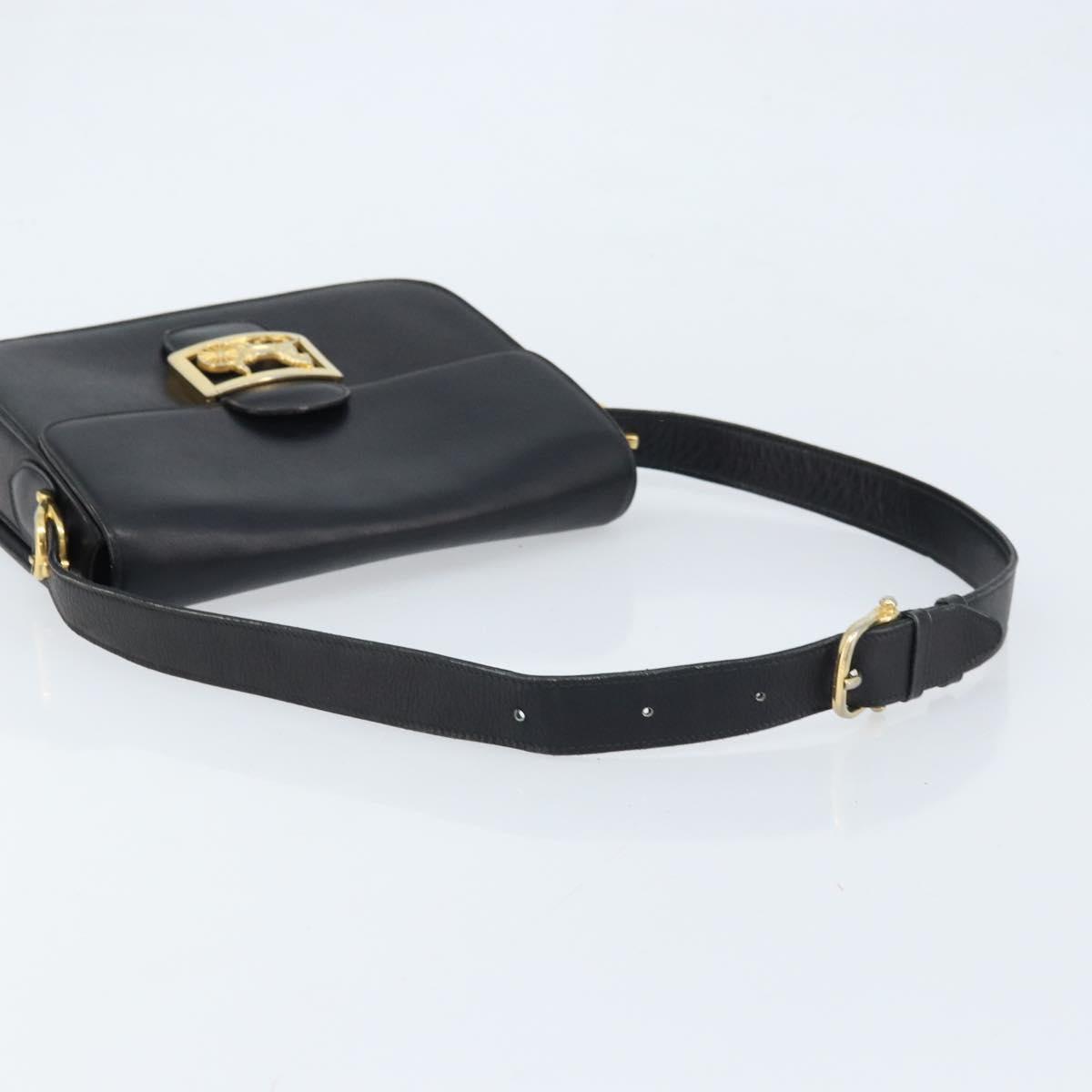 CELINE Horse Carriage Shoulder Bag Leather Black Gold Auth ARZ121