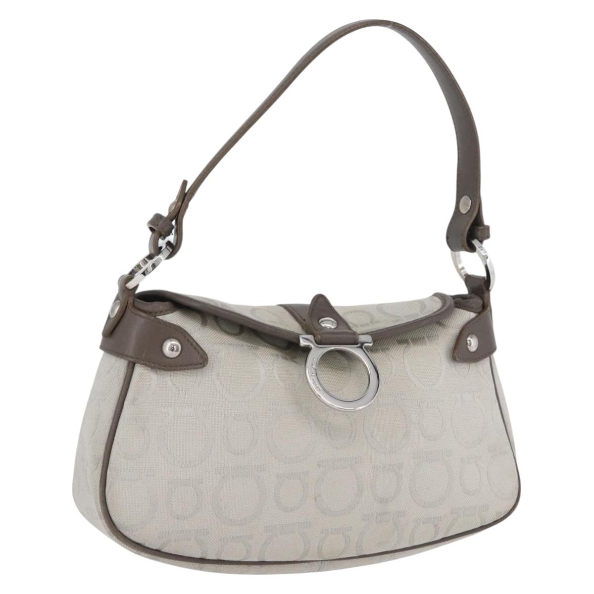 Salvatore Ferragamo Gancini Hand Bag Canvas Gray Silver Auth ARZ122