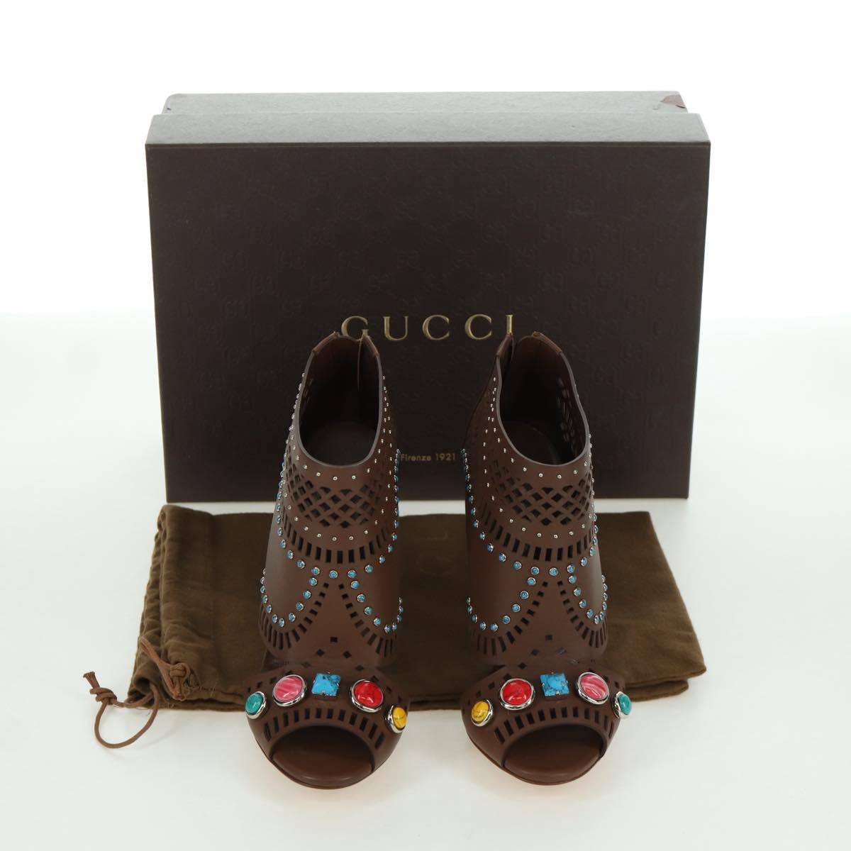 GUCCI High Heels Sandals Leather 35 1/2 Brown Auth ARZ137V