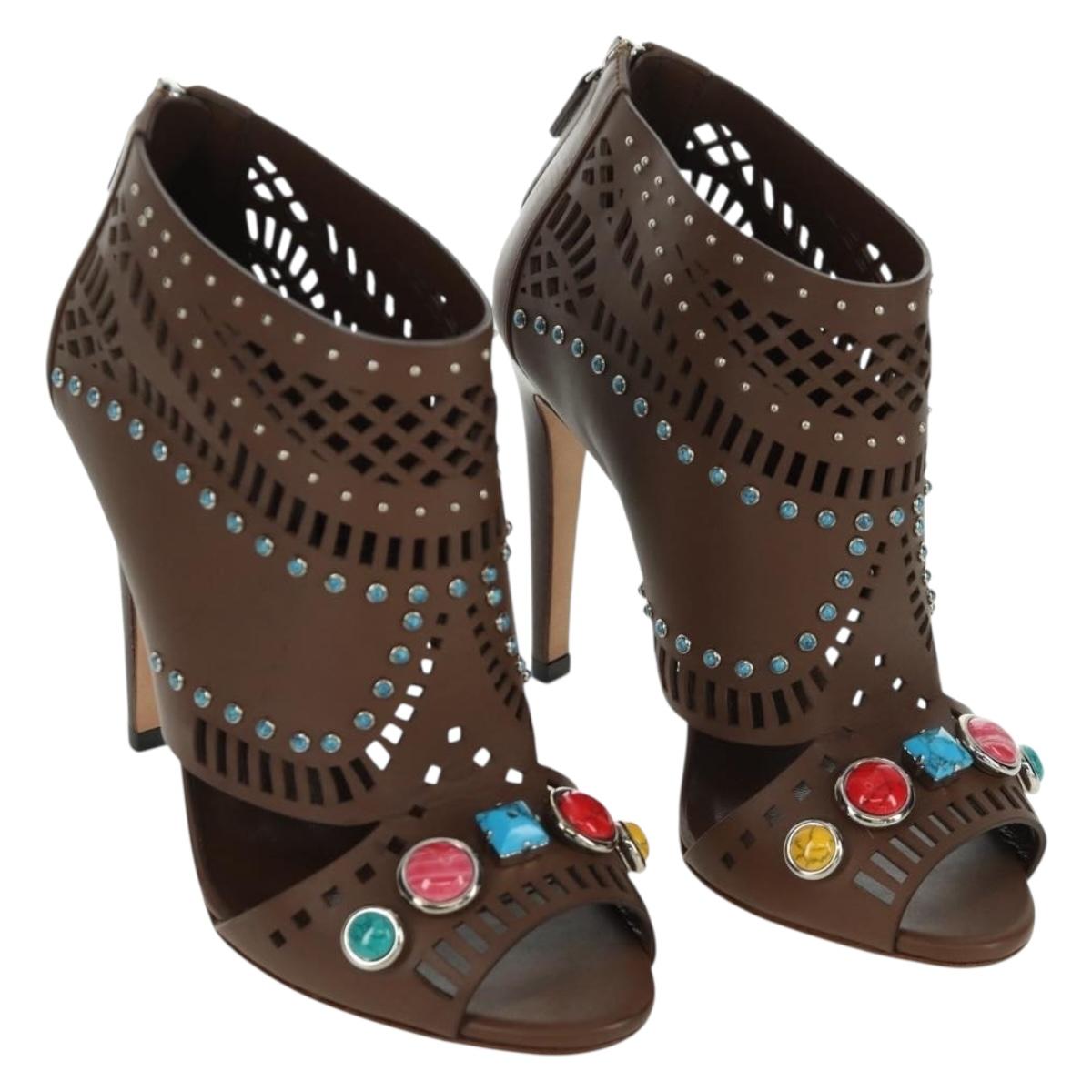 GUCCI High Heels Sandals Leather 35 1/2 Brown Auth ARZ137V