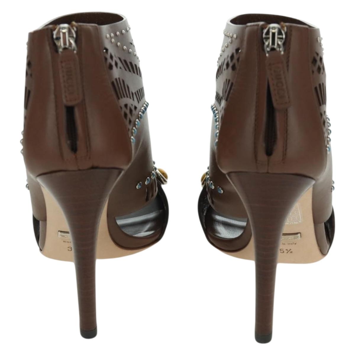 GUCCI High Heels Sandals Leather 35 1/2 Brown Auth ARZ137V
