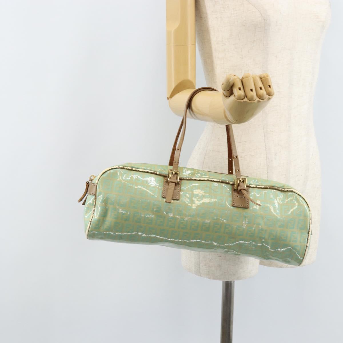 FENDI Zucchino Canvas Hand Bag Coated Canvas Green Gold Auth ARZ139