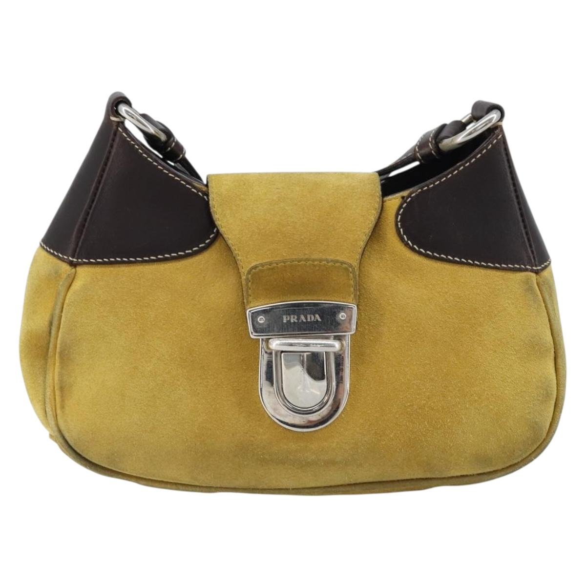 PRADA Shoulder Bag Suede Yellow Silver Auth ARZ148