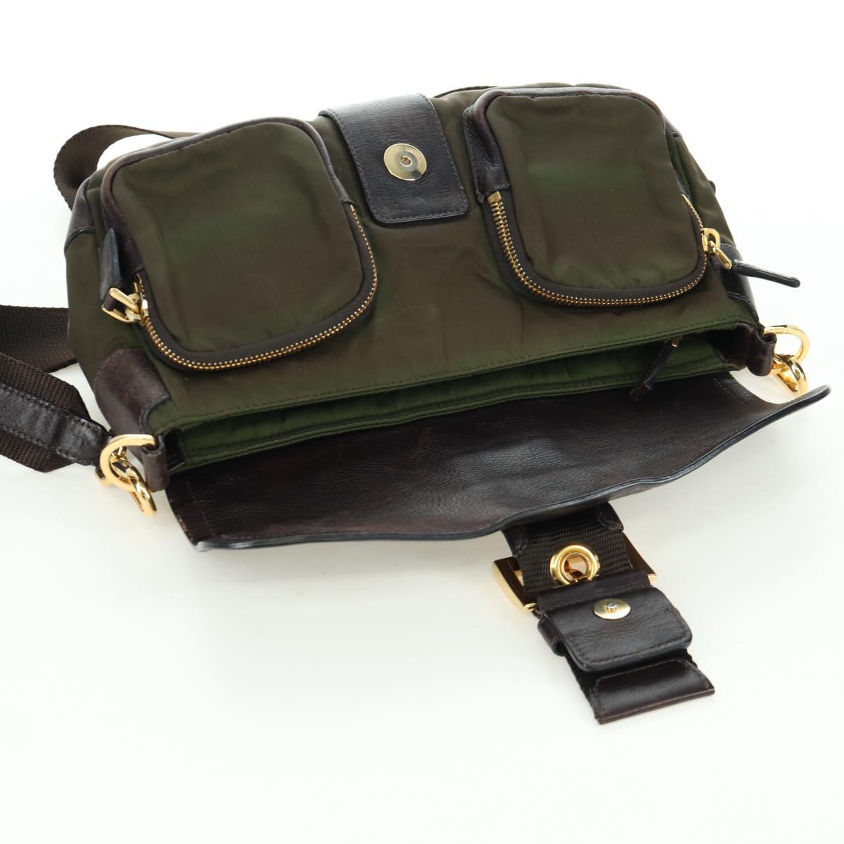 PRADA Shoulder Bag Nylon Leather Khaki Gold Auth ARZ154V