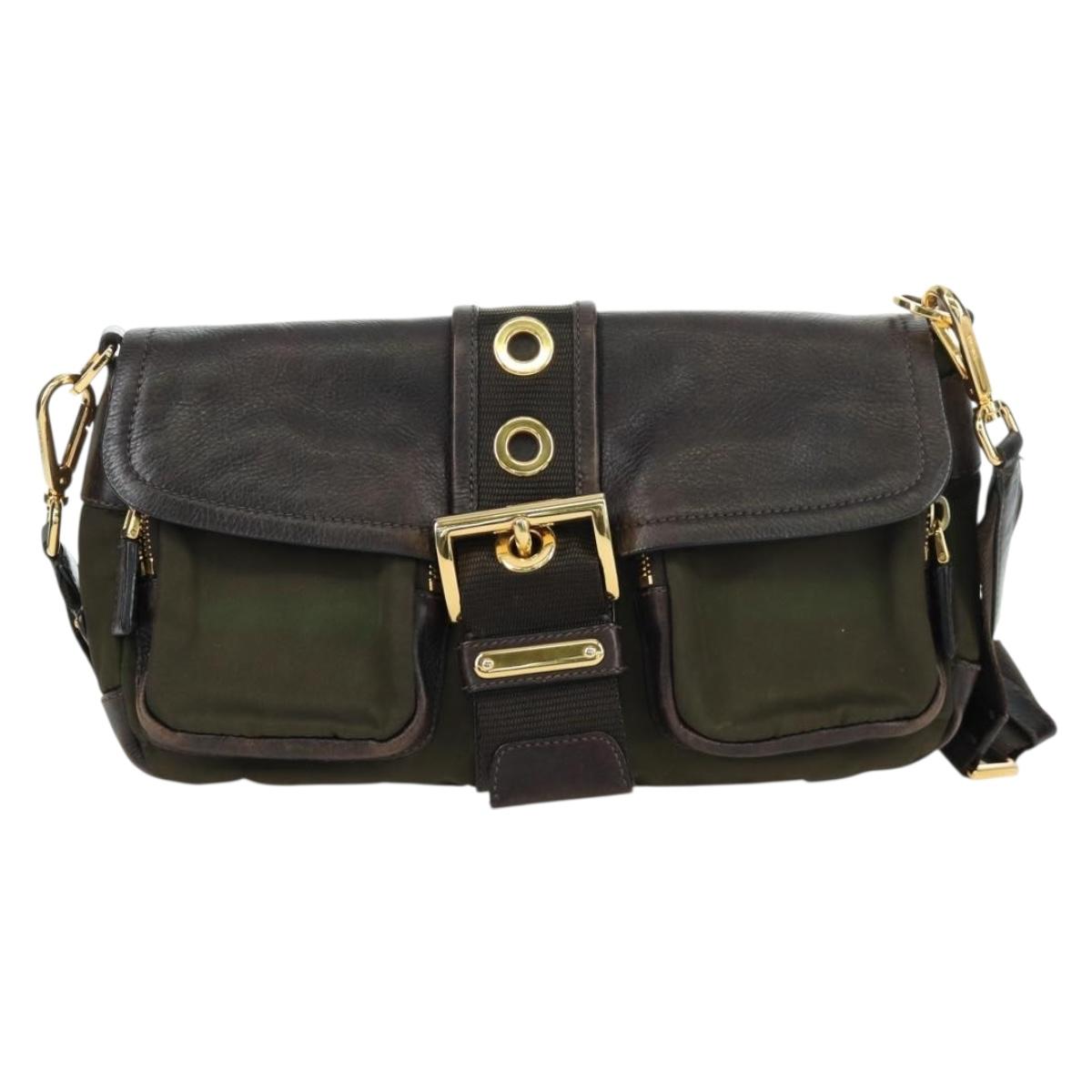 PRADA Shoulder Bag Nylon Leather Khaki Gold Auth ARZ154V