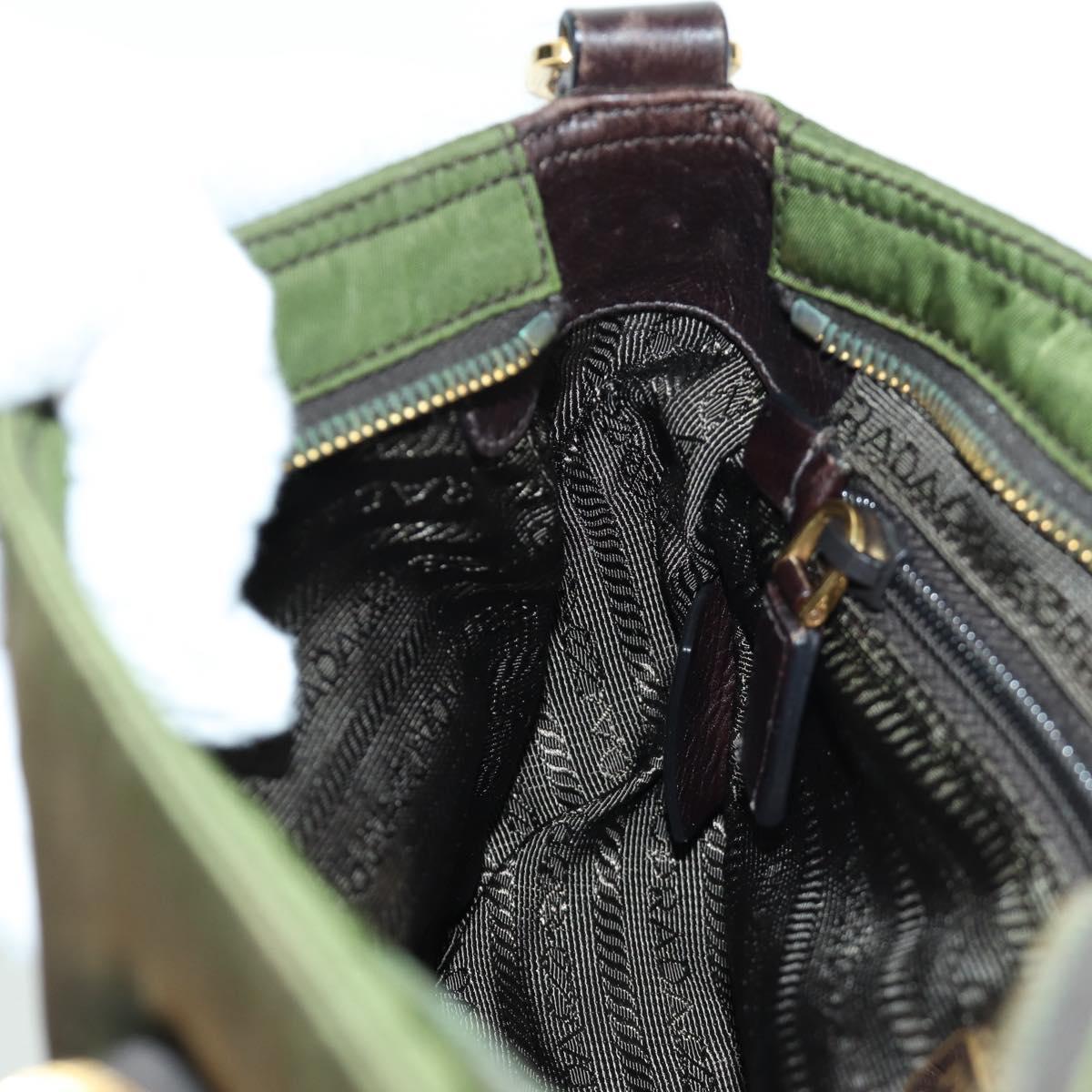 PRADA Shoulder Bag Nylon Leather Khaki Gold Auth ARZ154V