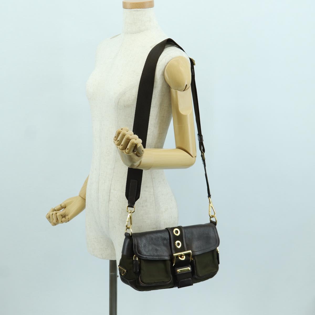 PRADA Shoulder Bag Nylon Leather Khaki Gold Auth ARZ154V
