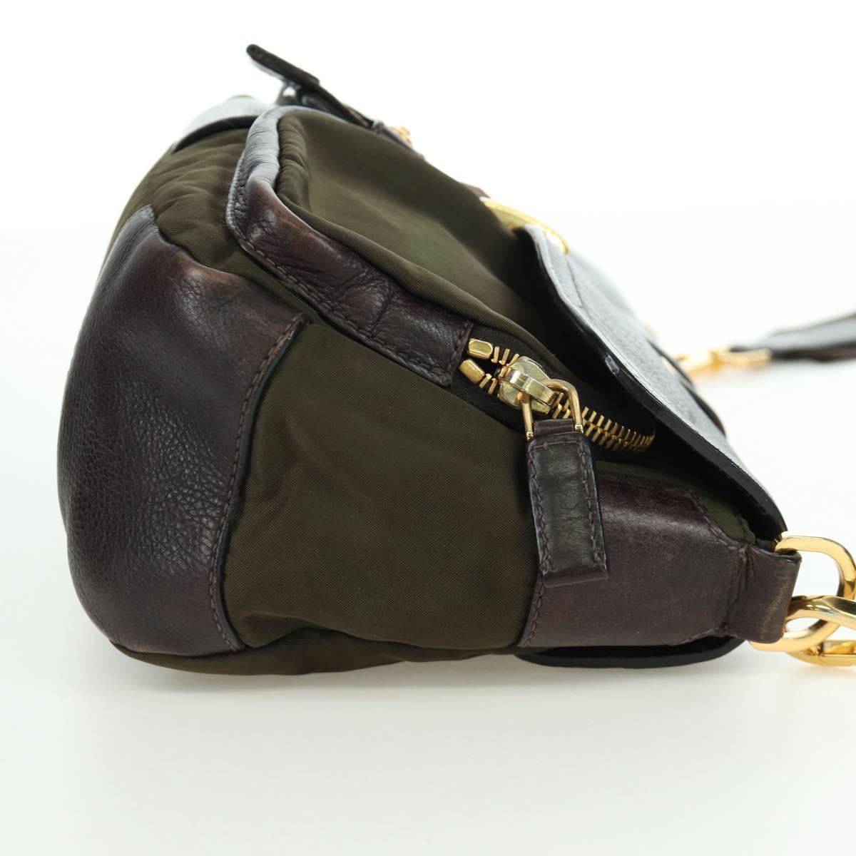 PRADA Shoulder Bag Nylon Leather Khaki Gold Auth ARZ154V