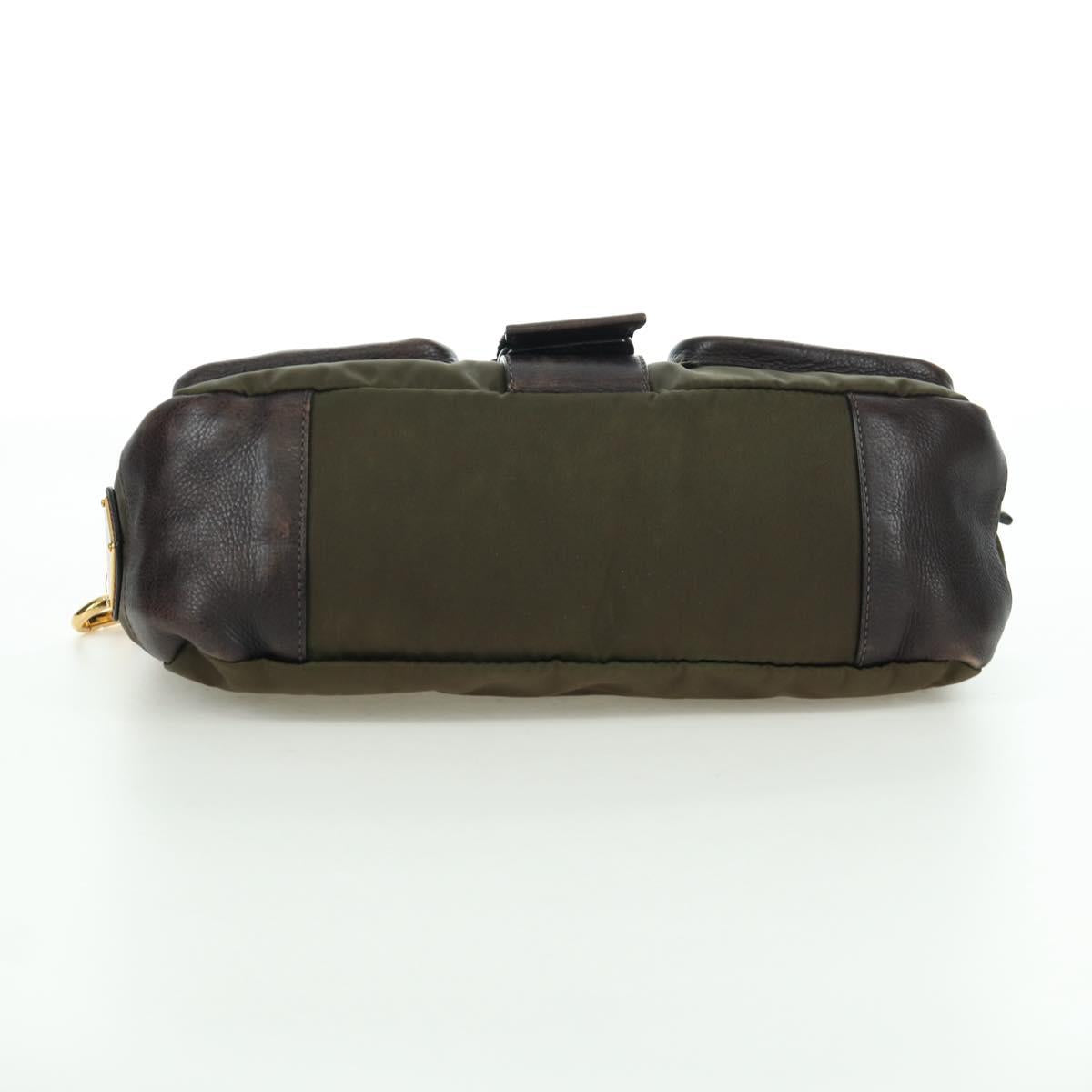 PRADA Shoulder Bag Nylon Leather Khaki Gold Auth ARZ154V