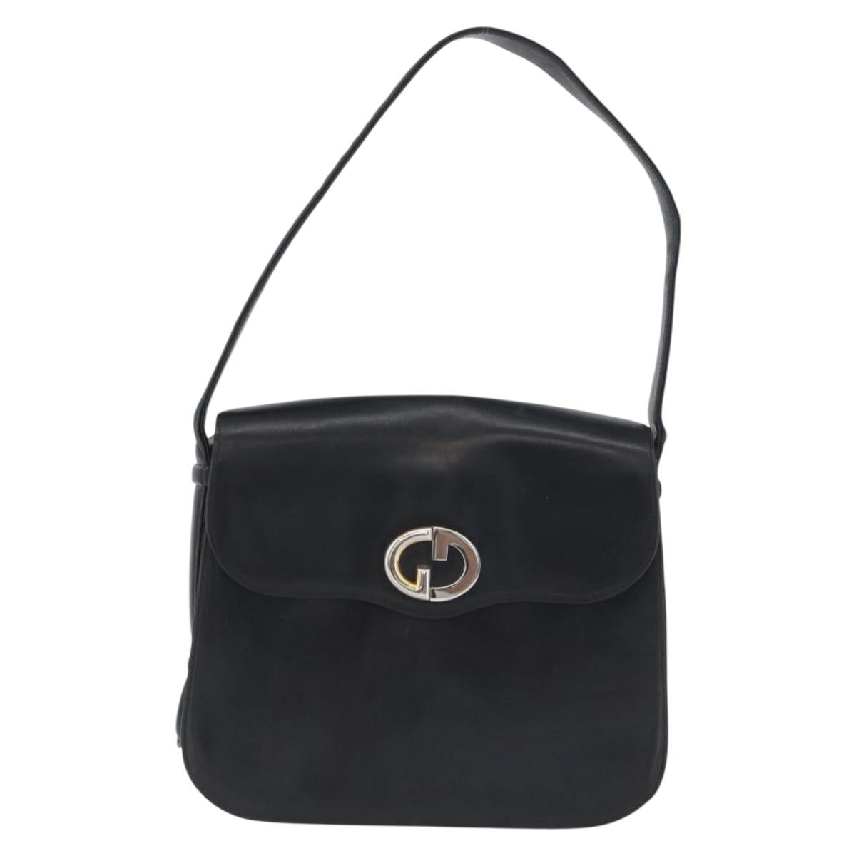 GUCCI Shoulder Bag Leather Navy Gold Auth ARZ157