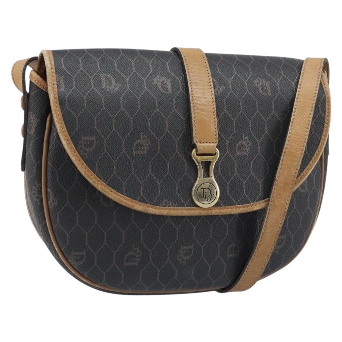 Christian Dior Honeycomb Canvas Shoulder Bag PVC Leather Black Gold Auth ARZ160