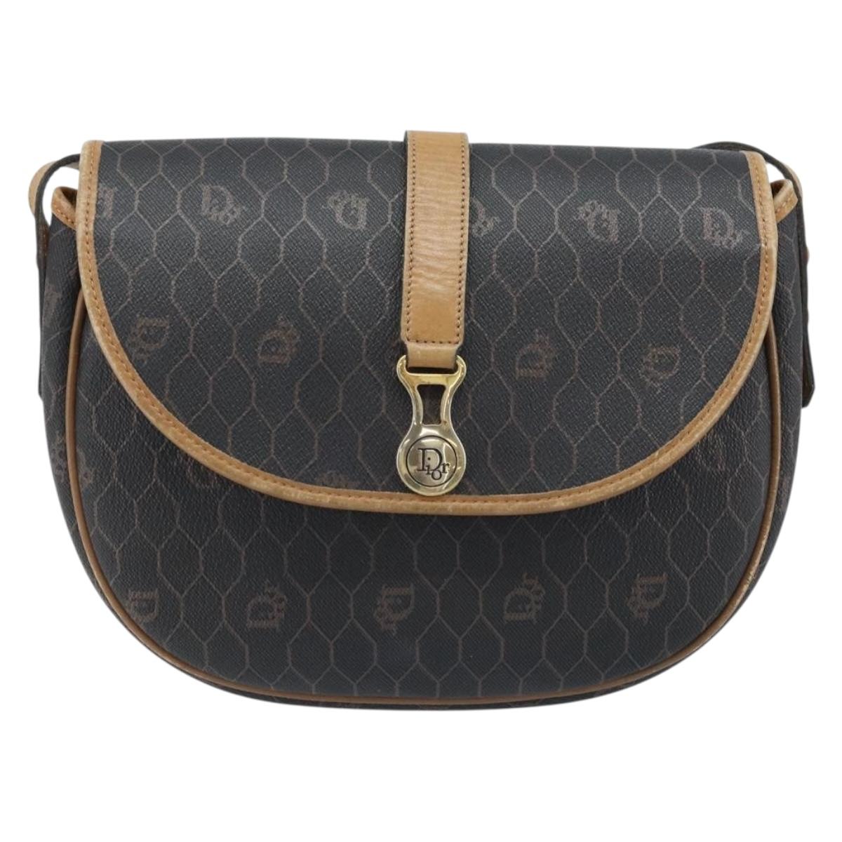 Christian Dior Honeycomb Canvas Shoulder Bag PVC Leather Black Gold Auth ARZ160