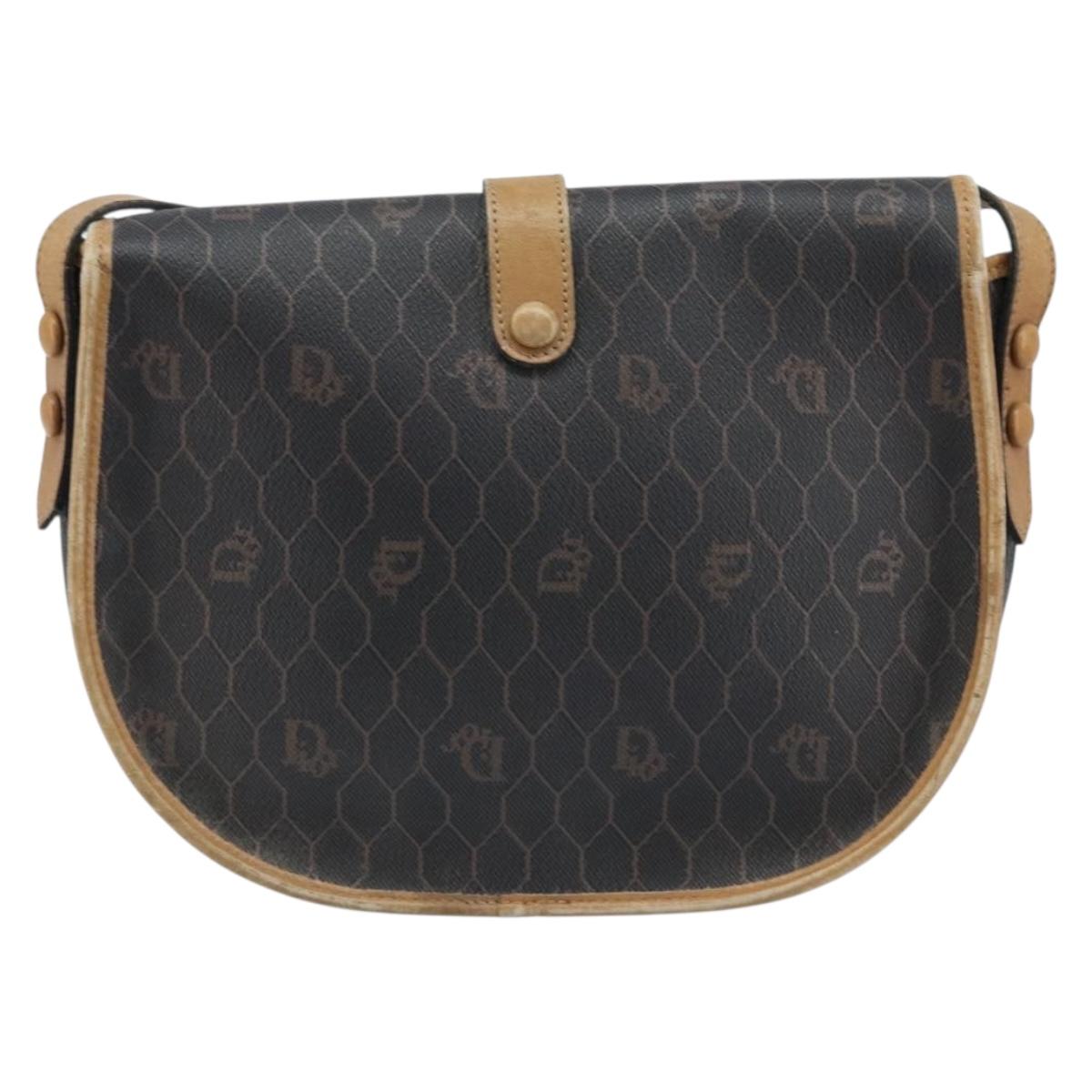 Christian Dior Honeycomb Canvas Shoulder Bag PVC Leather Black Gold Auth ARZ160