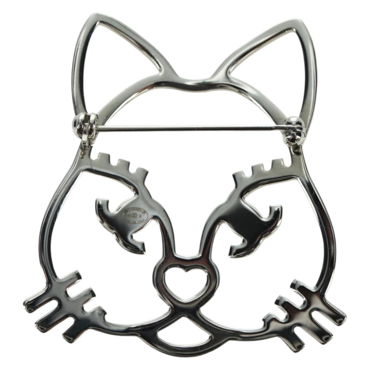 CHANEL Cat Brooch metal Silver CC Auth ARZ169M