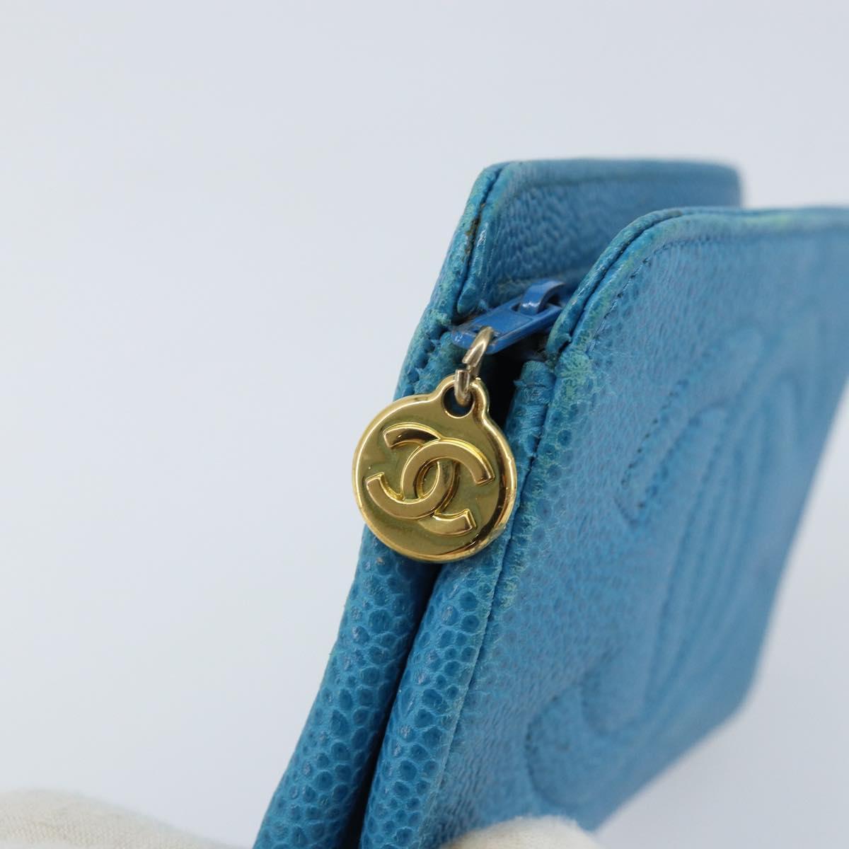 CHANEL COCO Mark Pouch Caviar Skin Blue Gold CC Auth ARZ176