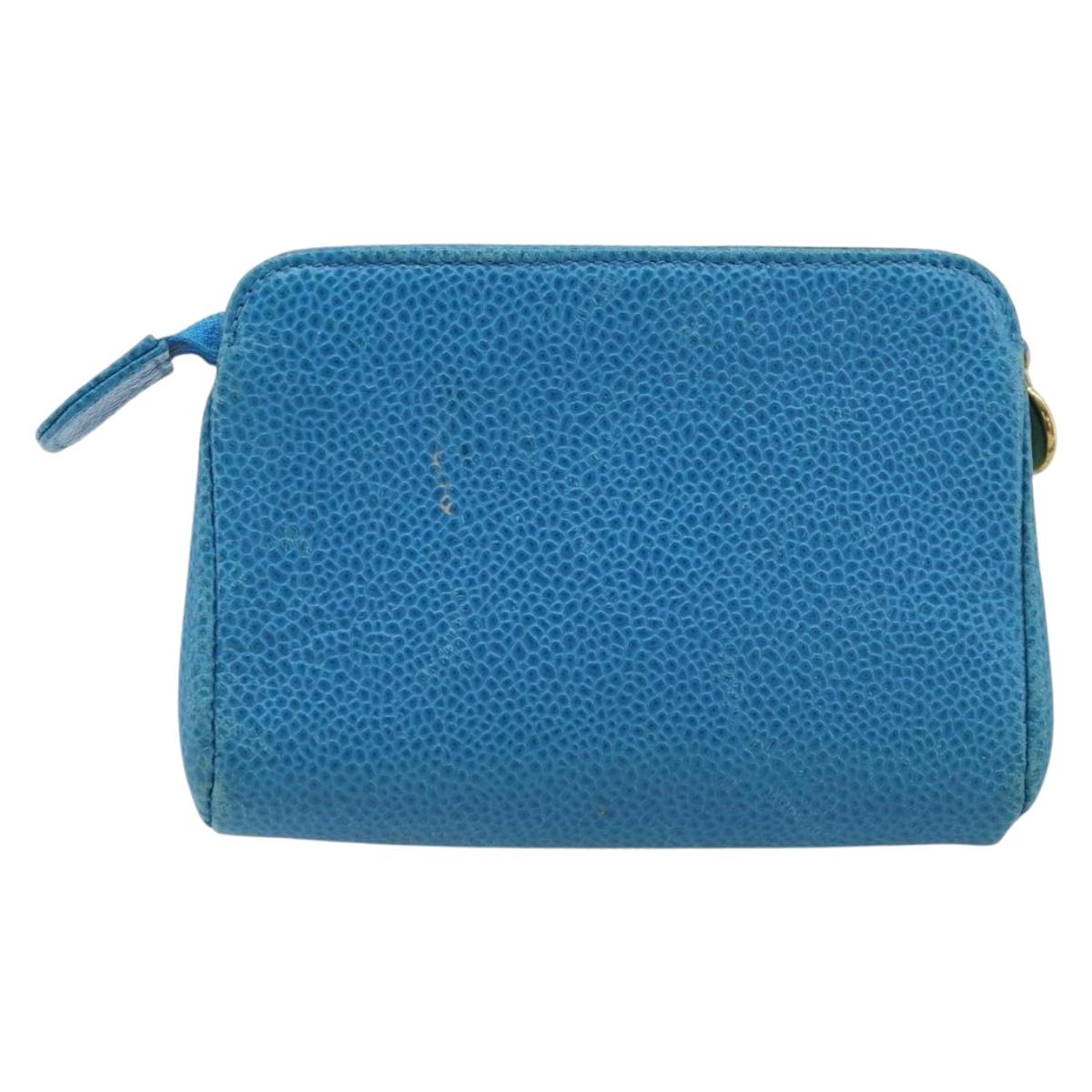 CHANEL COCO Mark Pouch Caviar Skin Blue Gold CC Auth ARZ176