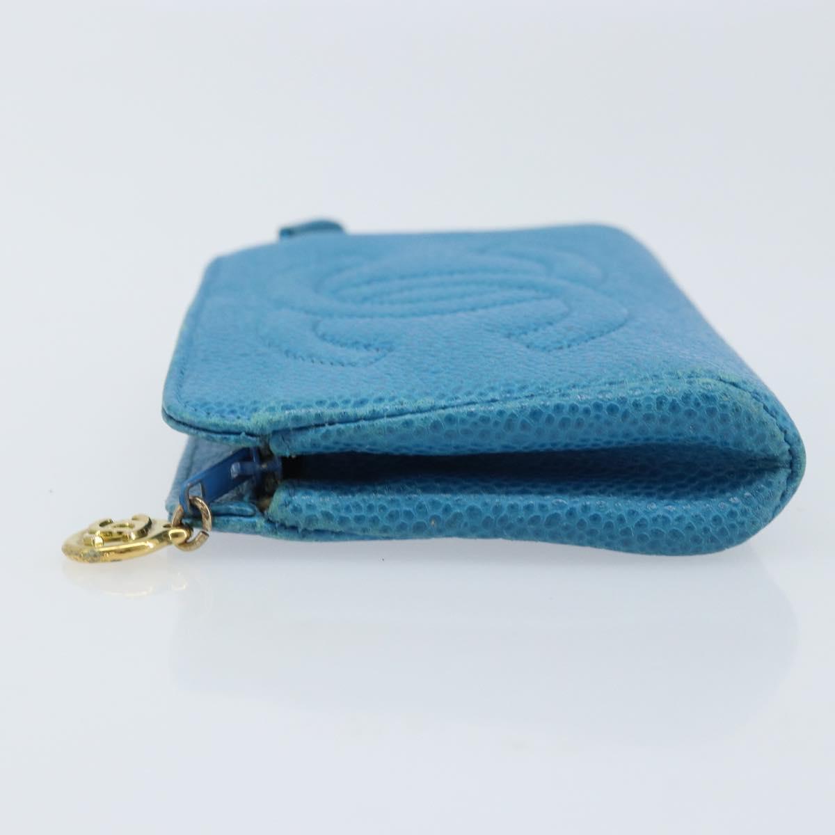 CHANEL COCO Mark Pouch Caviar Skin Blue Gold CC Auth ARZ176