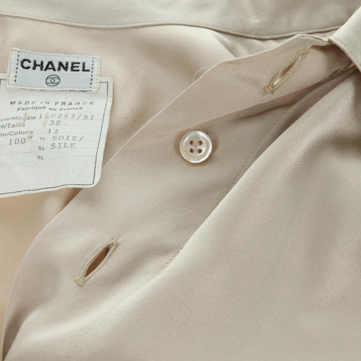 CHANEL COCO Mark Blouse Long-sleeved T-shirt Silk Size 38 Beige CC Auth ARZ187V