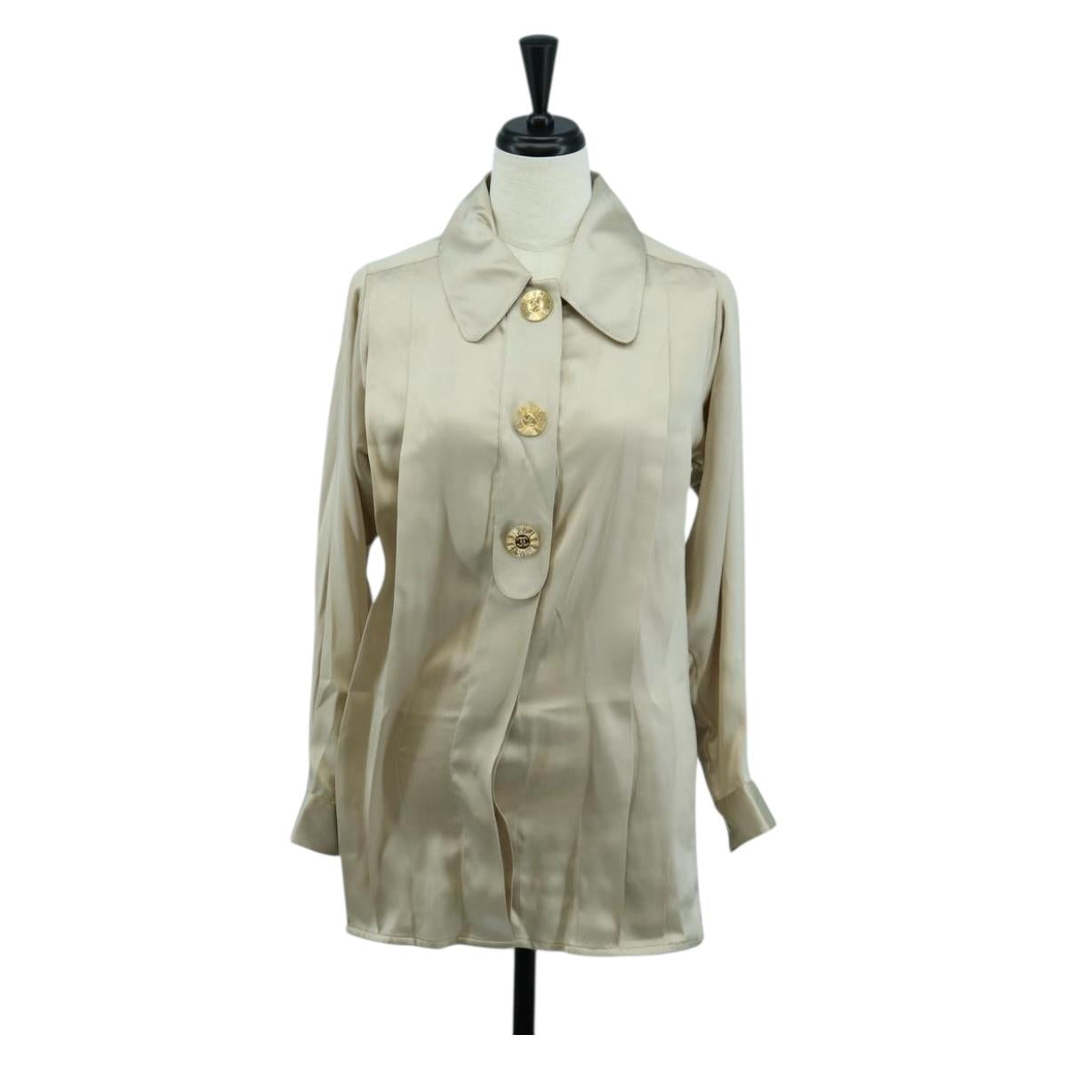 CHANEL COCO Mark Blouse Long-sleeved T-shirt Silk Size 38 Beige CC Auth ARZ187V