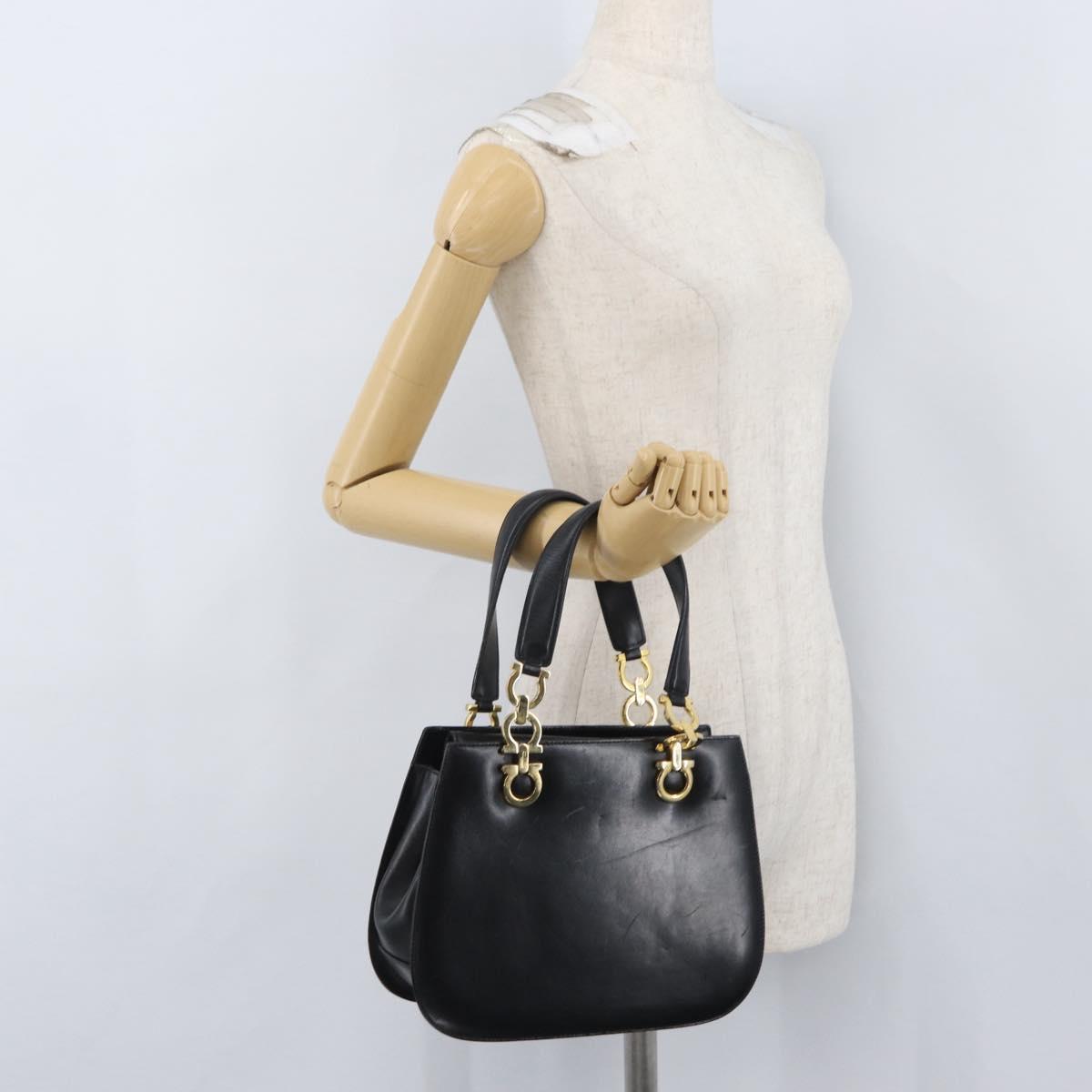 Salvatore Ferragamo Gancini Hand Bag Leather Black Gold Auth ARZ224