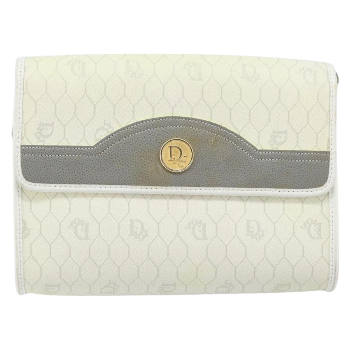 Christian Dior Honeycomb Canvas Shoulder Bag PVC White Gold Auth ARZ226
