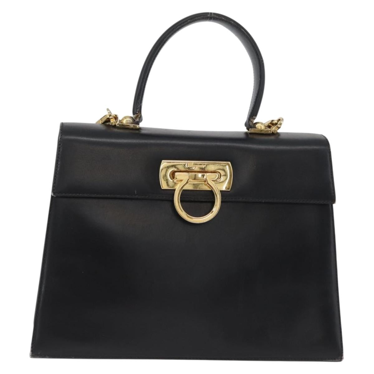 Salvatore Ferragamo Gancini Hand Bag Leather 2way Black Gold Auth ARZ228