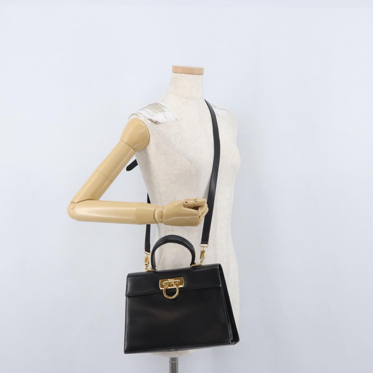 Salvatore Ferragamo Gancini Hand Bag Leather 2way Black Gold Auth ARZ228