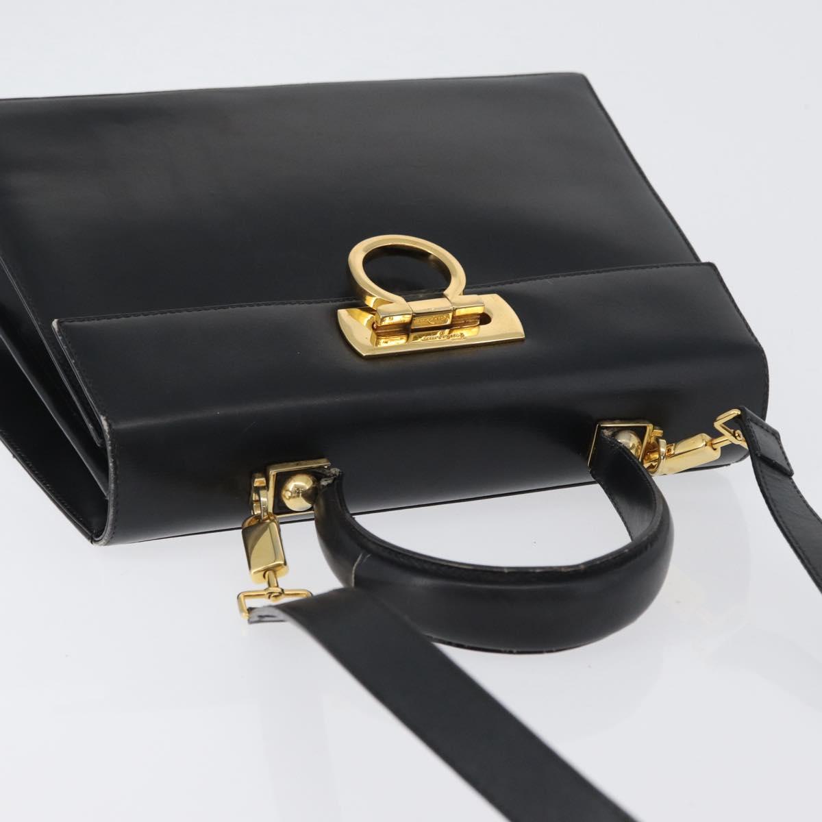Salvatore Ferragamo Gancini Hand Bag Leather 2way Black Gold Auth ARZ228