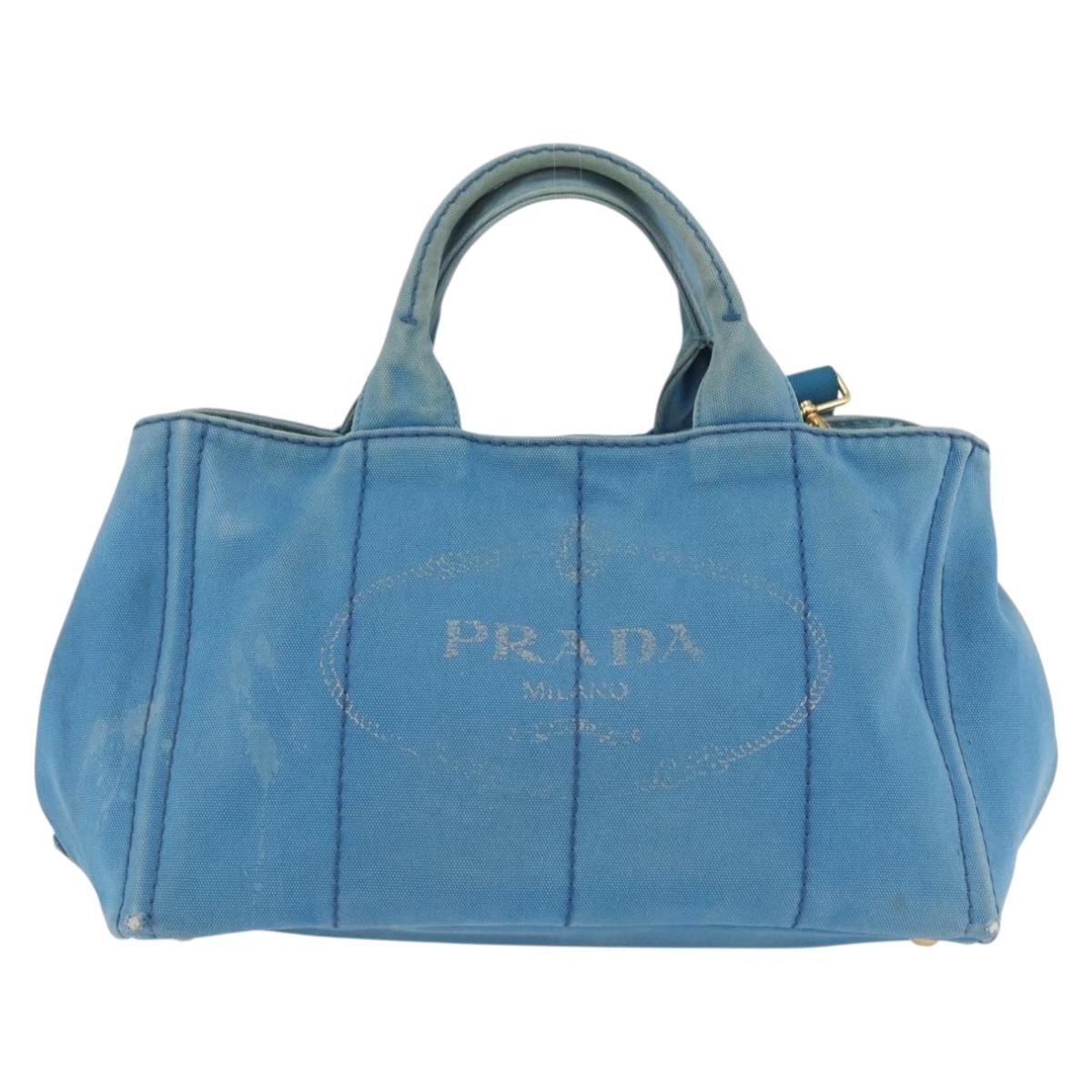 PRADA Canapa M Hand Bag Canvas 2way Blue Gold Auth ARZ233