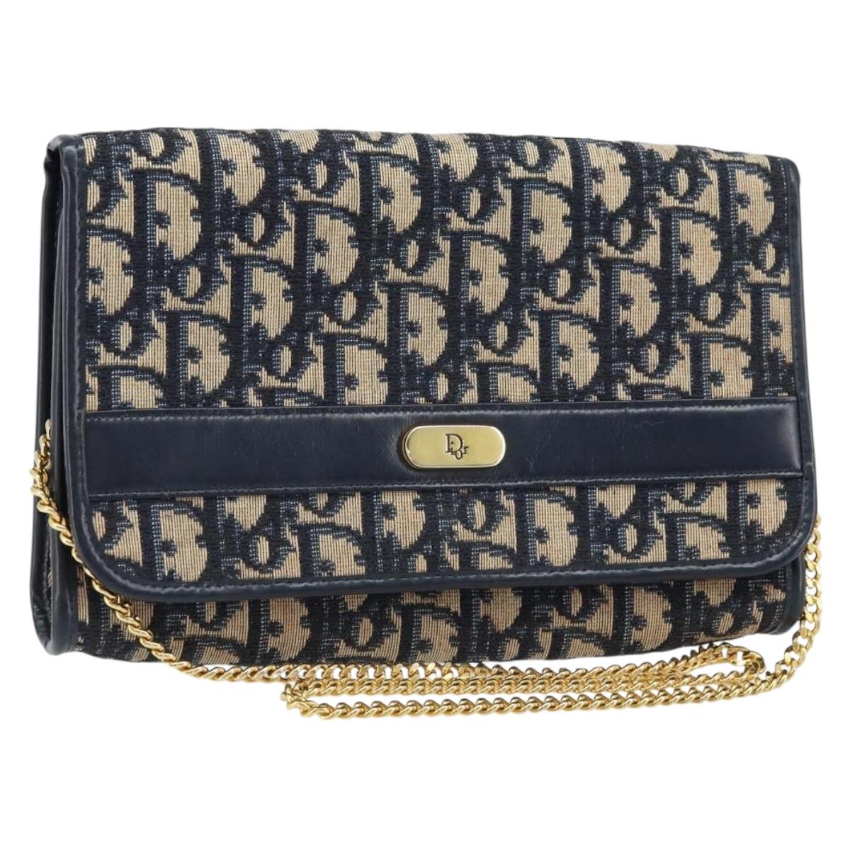 Christian Dior Trotter Canvas Chain Shoulder Bag Navy Gold Auth ARZ234