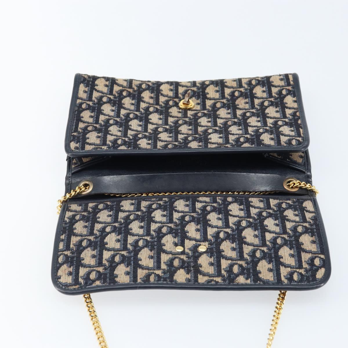 Christian Dior Trotter Canvas Chain Shoulder Bag Navy Gold Auth ARZ234