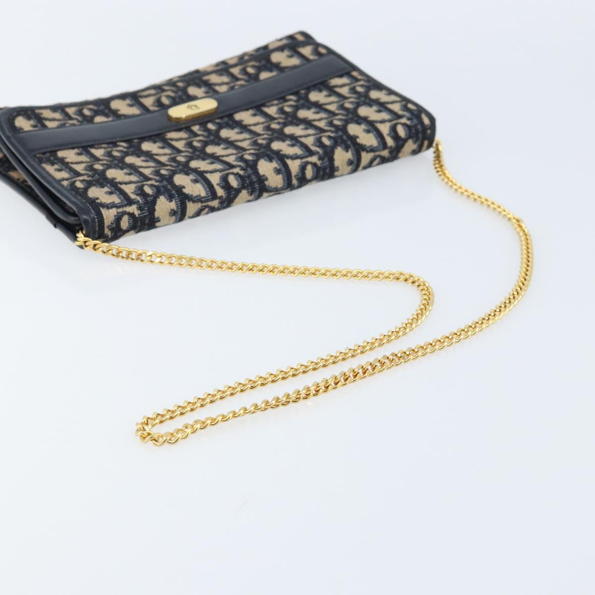 Christian Dior Trotter Canvas Chain Shoulder Bag Navy Gold Auth ARZ234