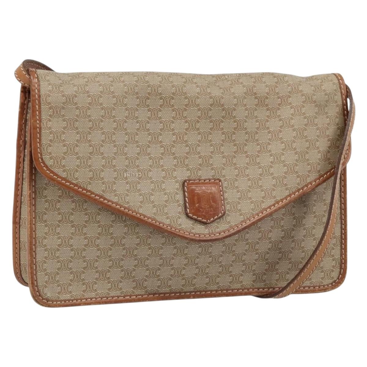 CELINE Macadam Canvas Shoulder Bag PVC Beige Gold Auth ARZ236