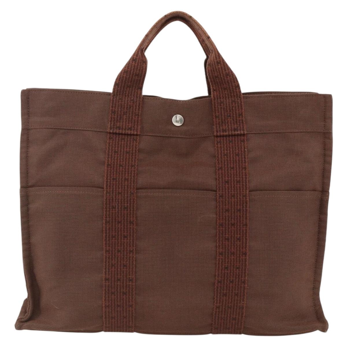 HERMES Her Line MM Hand Bag Canvas Brown Silver Auth ARZ296