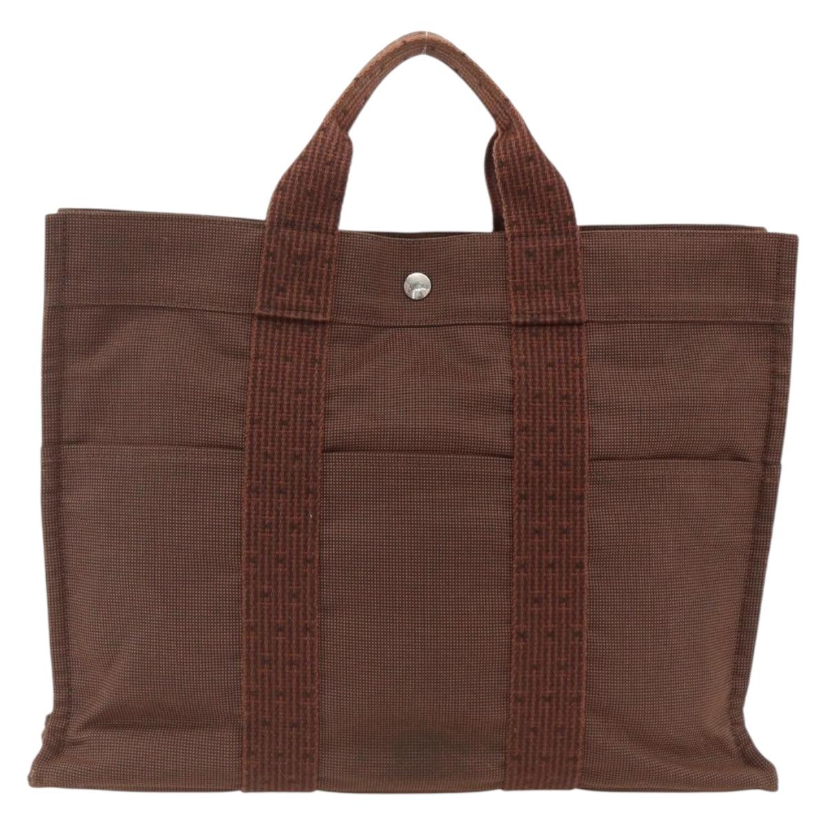 HERMES Her Line MM Hand Bag Canvas Brown Silver Auth ARZ296