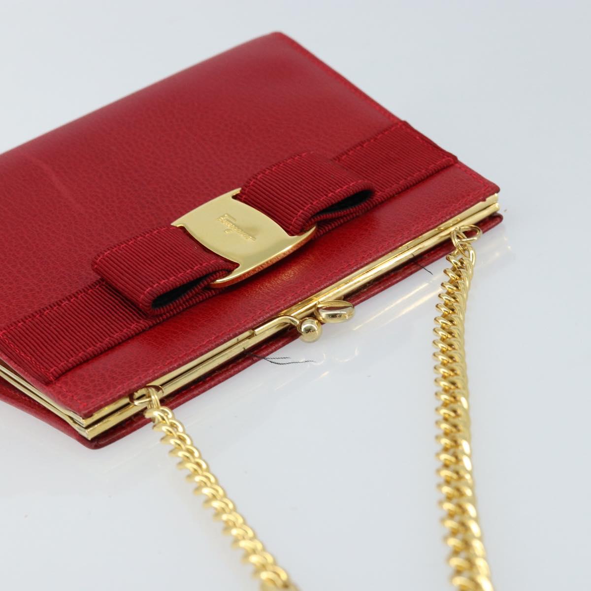Salvatore Ferragamo Vala Chain Shoulder Bag Leather Red Gold Auth ARZ298