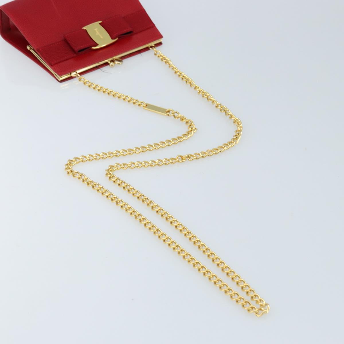 Salvatore Ferragamo Vala Chain Shoulder Bag Leather Red Gold Auth ARZ298