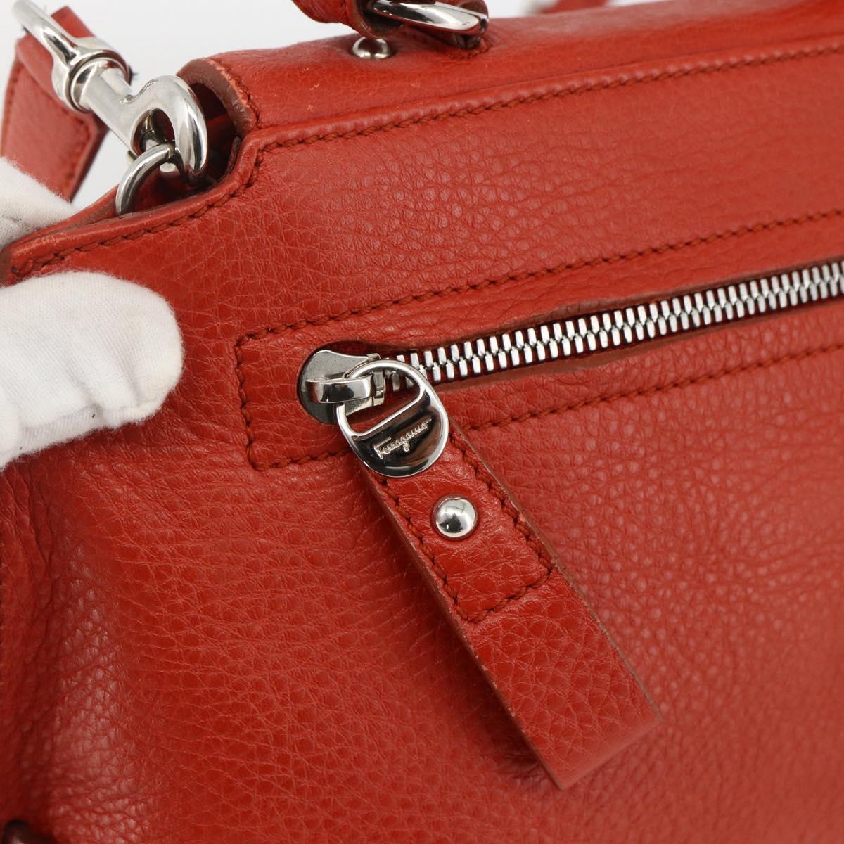 Salvatore Ferragamo Gancini Hand Bag Leather 2way Red Silver Auth ARZ300A