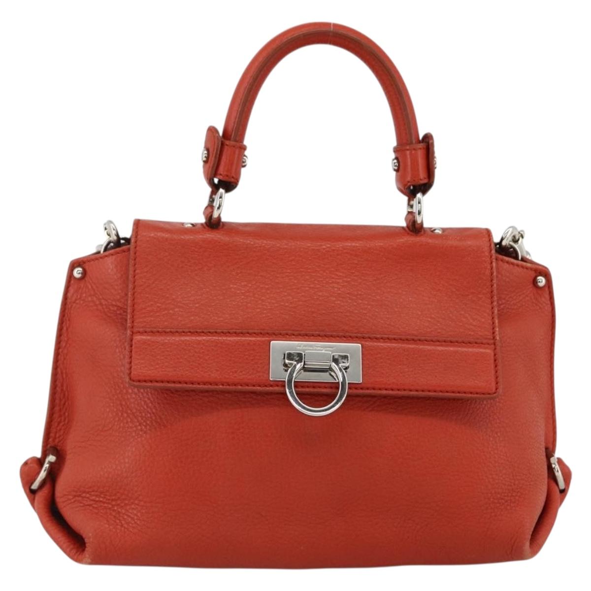 Salvatore Ferragamo Gancini Hand Bag Leather 2way Red Silver Auth ARZ300A