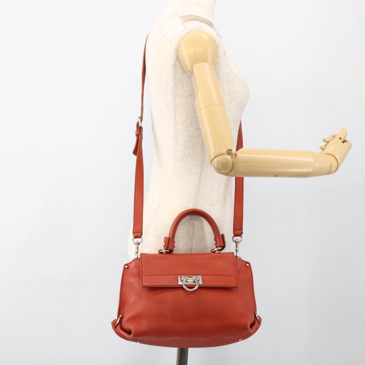 Salvatore Ferragamo Gancini Hand Bag Leather 2way Red Silver Auth ARZ300A
