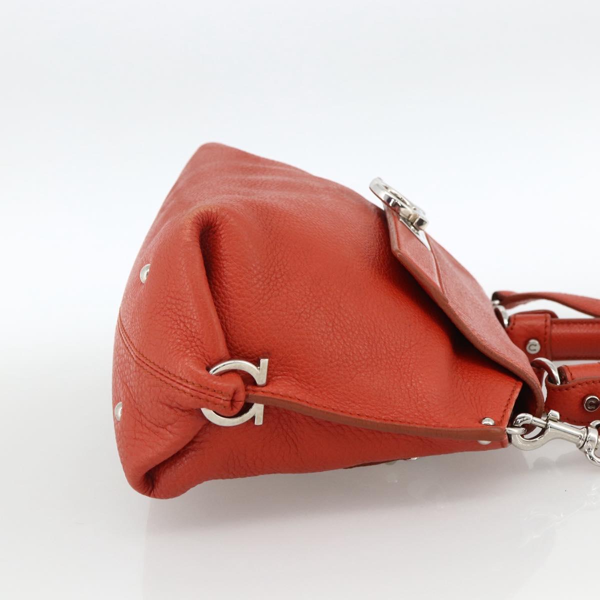 Salvatore Ferragamo Gancini Hand Bag Leather 2way Red Silver Auth ARZ300A