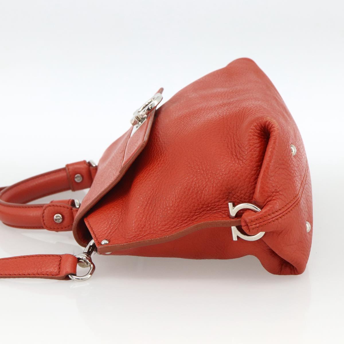 Salvatore Ferragamo Gancini Hand Bag Leather 2way Red Silver Auth ARZ300A