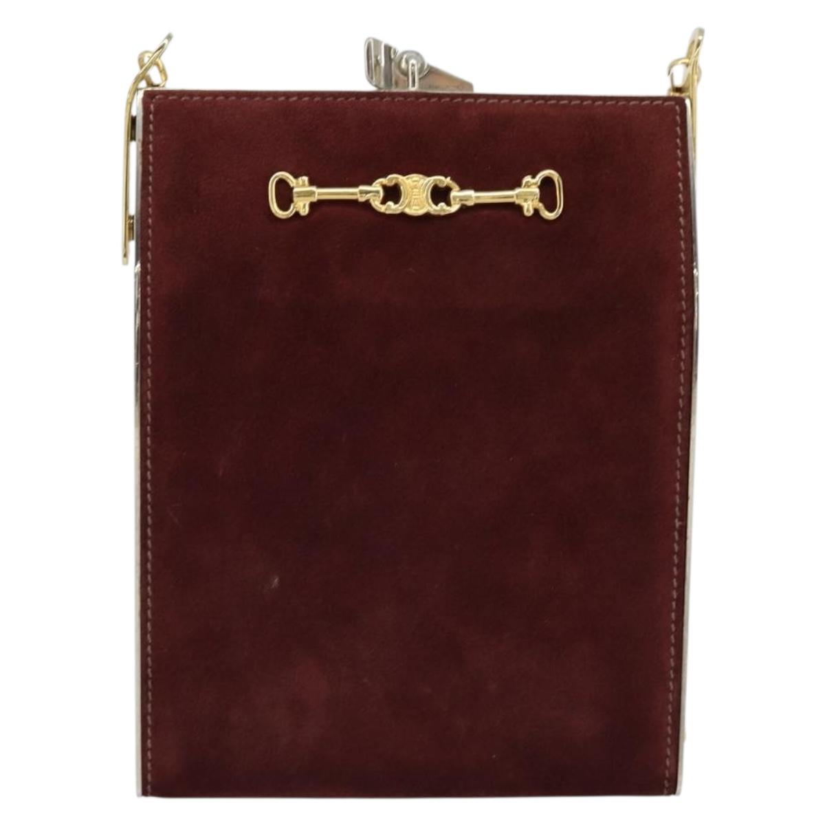 CELINE Horsebit Chain Shoulder Bag Suede Bordeaux Gold Auth ARZ301V
