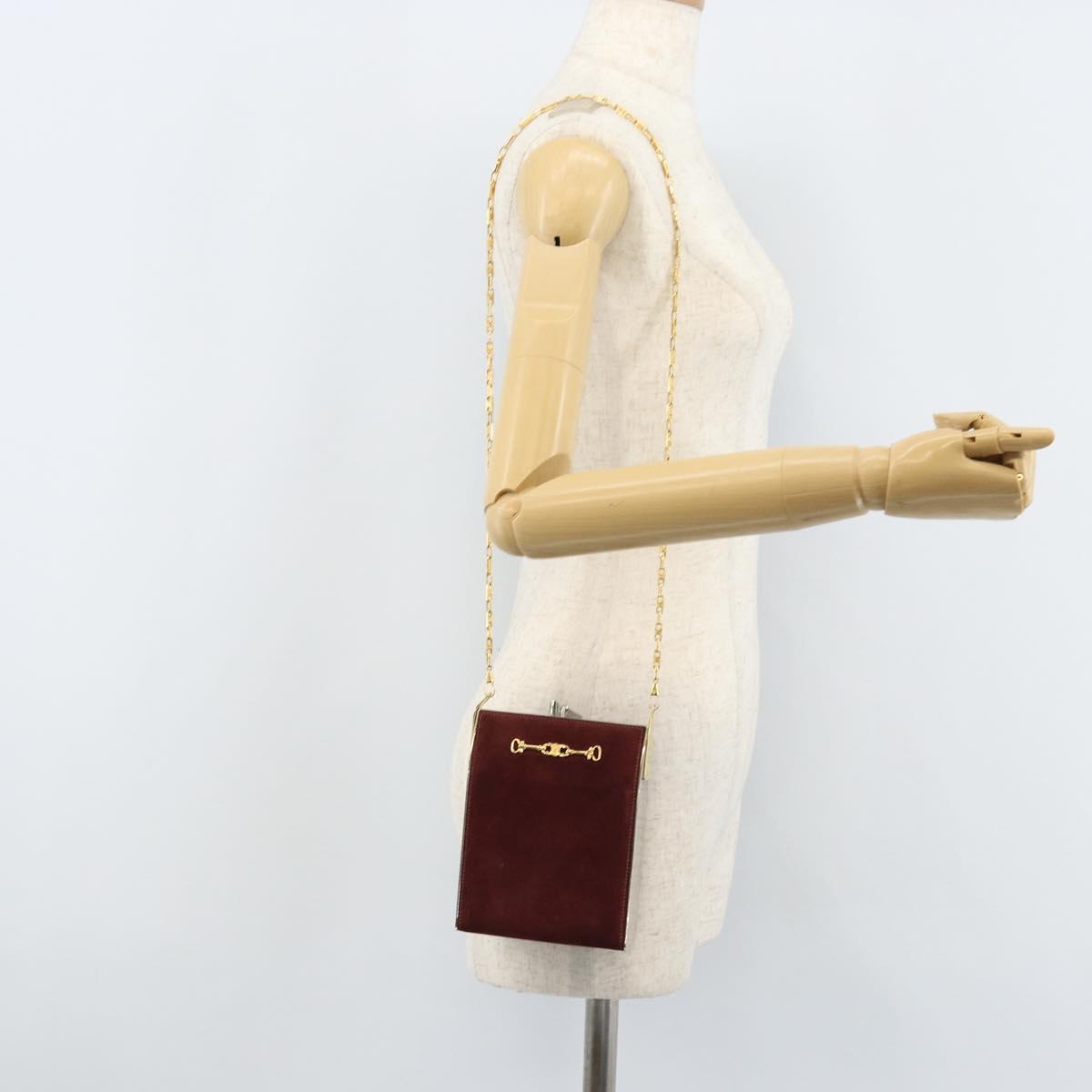 CELINE Horsebit Chain Shoulder Bag Suede Bordeaux Gold Auth ARZ301V