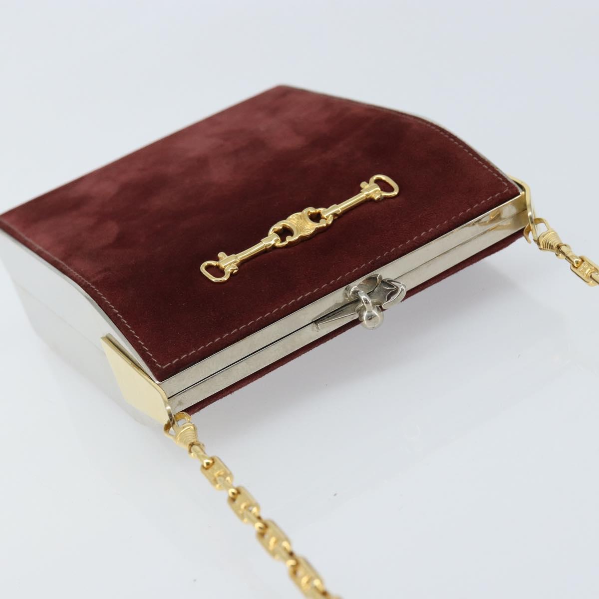CELINE Horsebit Chain Shoulder Bag Suede Bordeaux Gold Auth ARZ301V