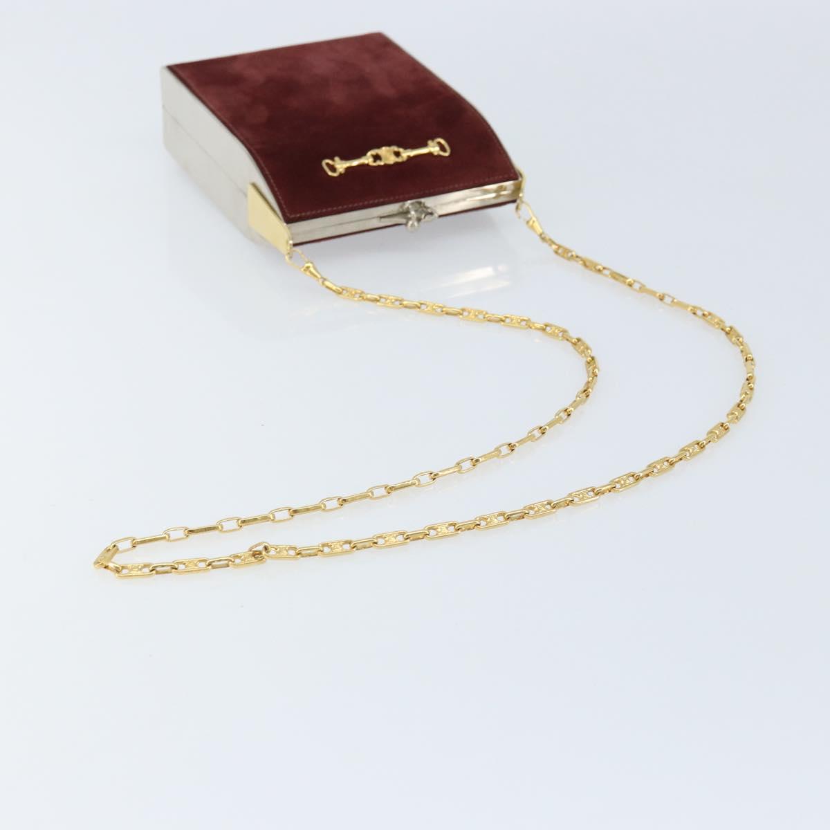 CELINE Horsebit Chain Shoulder Bag Suede Bordeaux Gold Auth ARZ301V