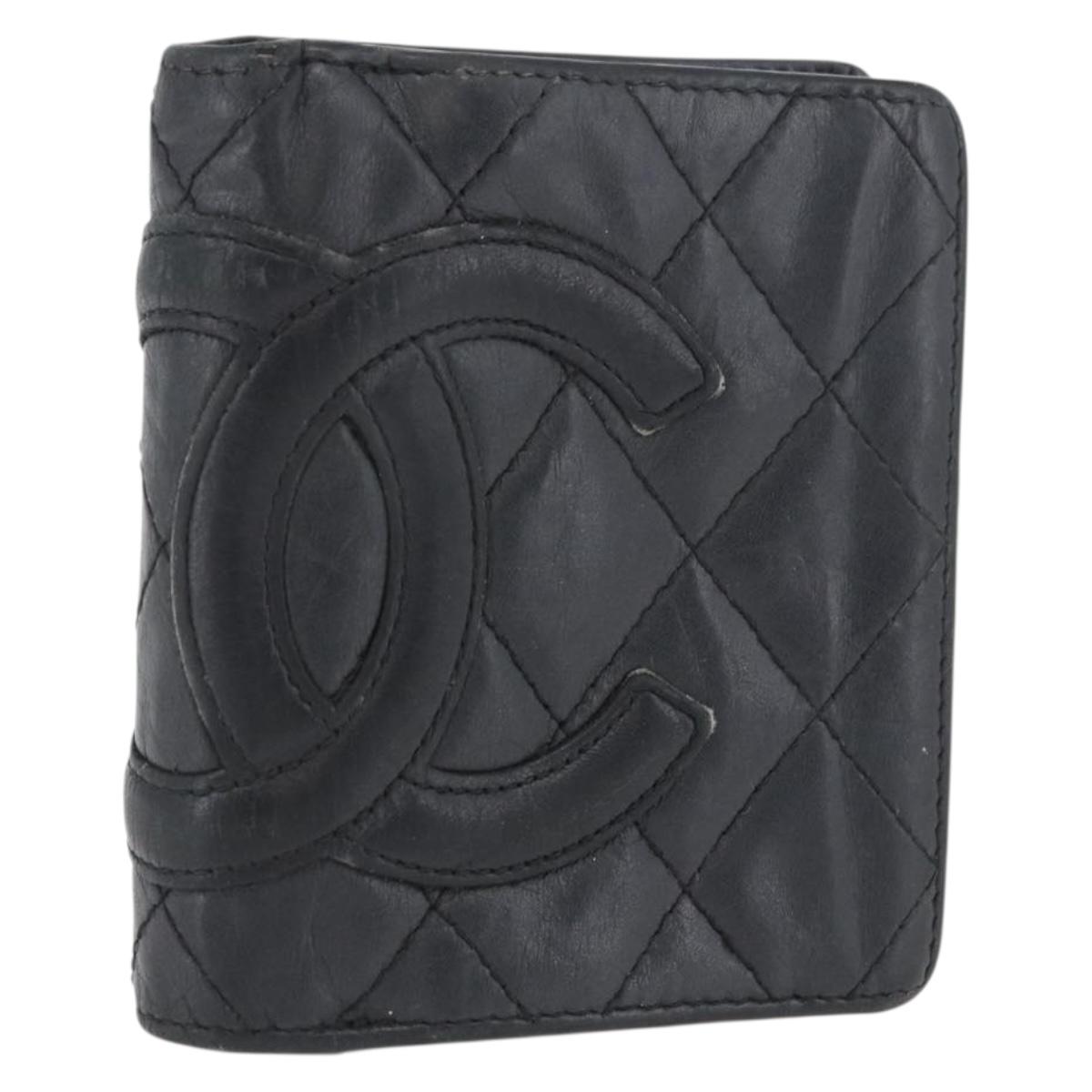CHANEL Matelasse Cambon Line Wallet Leather Black Silver CC Auth ARZ302