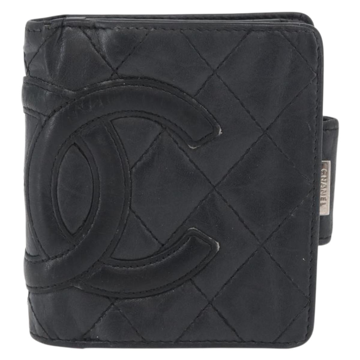 CHANEL Matelasse Cambon Line Wallet Leather Black Silver CC Auth ARZ302